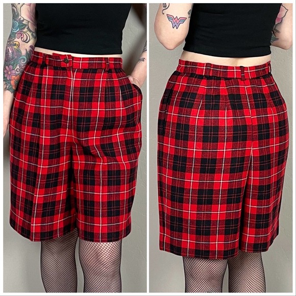 Vintage Pants - Vintage 1980s Pendleton Tartan Plaid High Rise Wool Shorts